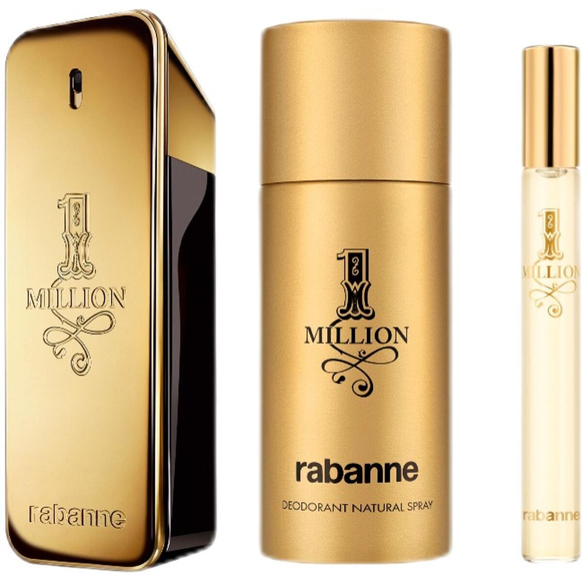 Set de Parfum Homme Paco Rabanne 1 Million 3 pièces: flacon, déodorant et vaporisateur.